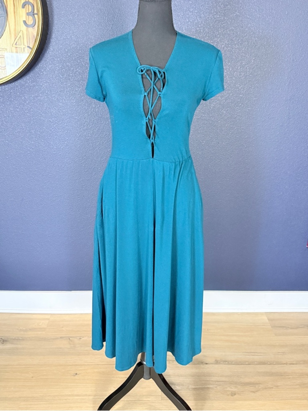 Reformation Teal Lace Up Short Sleeve Fit Flare Midi Dress | Large